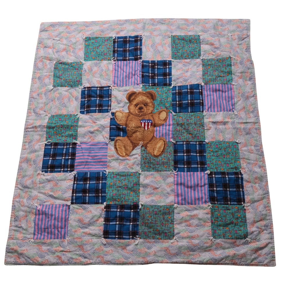 Handmade Patchwork Teddy Bear Baby Quilt Blue Pink Striped 43x38 Unfinished